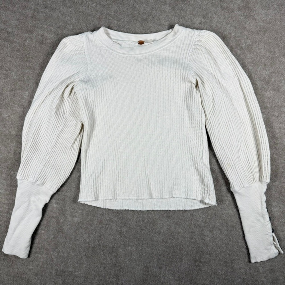 Free People One Wesley Balloon Sleeve Thermal Waffle Women's Top Boho Ivory Sz S